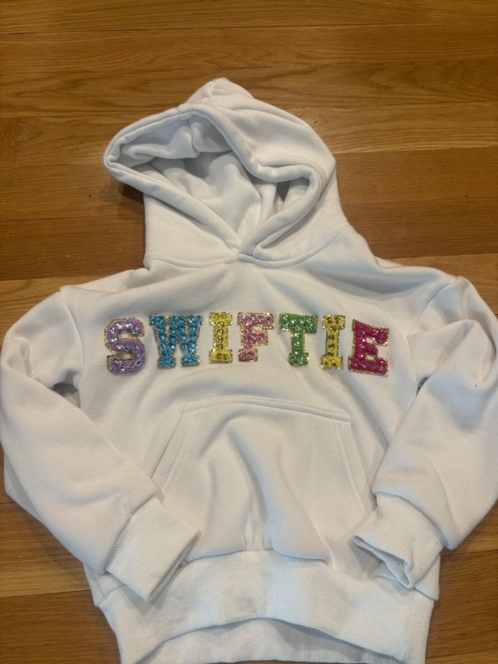 Lola the boys Size 4 White Hoodie with Colorful Sequin Lettering